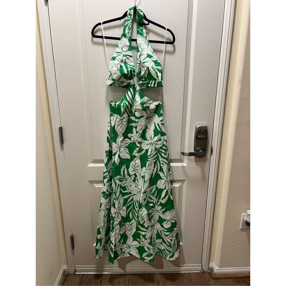 Ownley Michelle Cut Out Midi Dress in abstract tropical print size S NWT$199
